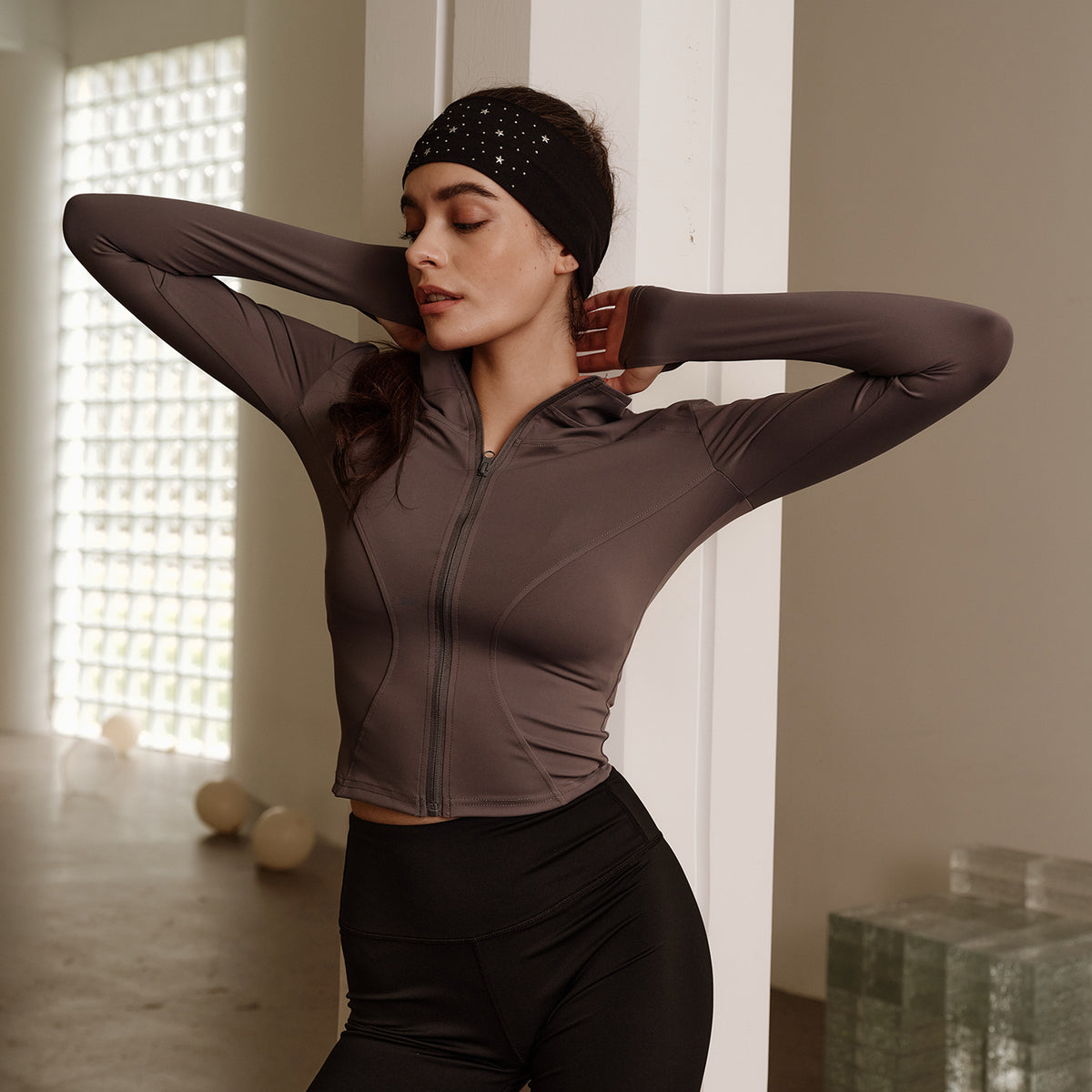 Cropped Funnel Neck Zip Jacket – Stone Grey