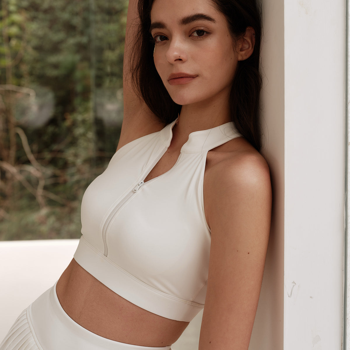 Half Zip Mock Neck Crop Top – White